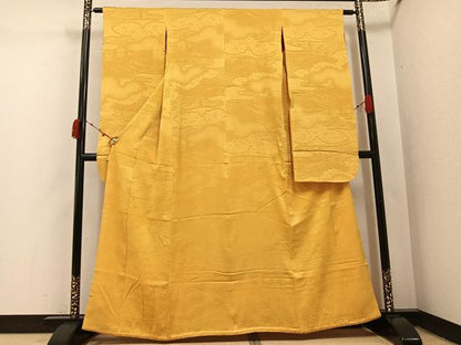 平和屋本店●アンティーク　大正ロマン　振袖　色無地　雲重ね地紋　黄朽葉色　正絹　逸品　AABI8606ph