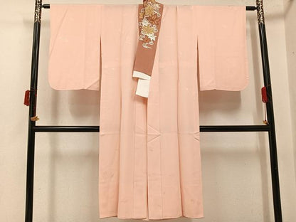 平和屋着物●長襦袢　無双仕立て　舞扇地紋　淡香色　高島屋扱い　半衿刺繍　正絹　逸品　AABI8609ph