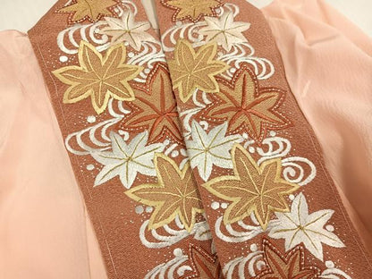 平和屋着物●長襦袢　無双仕立て　舞扇地紋　淡香色　高島屋扱い　半衿刺繍　正絹　逸品　AABI8609ph