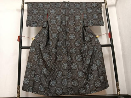 平和屋着物●アンティーク大島　本場大島紬　割り込み絣　花丸文　正絹　逸品　AABI8618ph