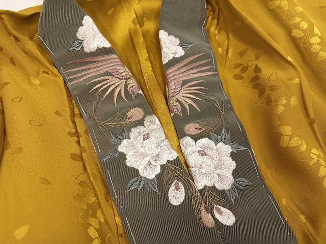 平和屋着物●長襦袢 無双仕立て 舞桜地紋 山吹茶色 半衿刺繍 正絹 逸品 AABI8622ph