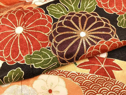 平和屋着物●豪華振袖 駒刺繍 草花文 金彩 正絹 逸品 AABI8631ph