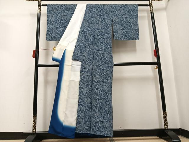 平和屋着物●上質な小紋 藍 草花文 正絹 逸品 AABI8632ph