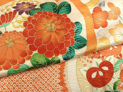 平和屋着物●豪華振袖 駒刺繍 絞り 草花文 金彩 正絹 逸品 AABI8635ph