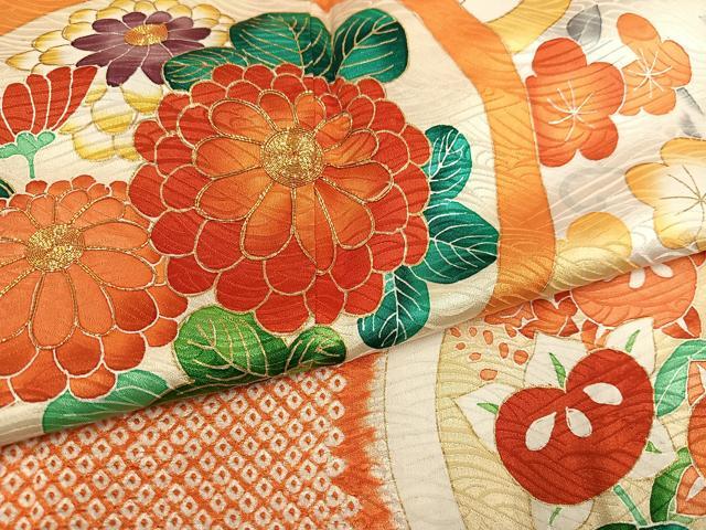 平和屋着物●豪華振袖 駒刺繍 絞り 草花文 金彩 正絹 逸品 AABI8635ph