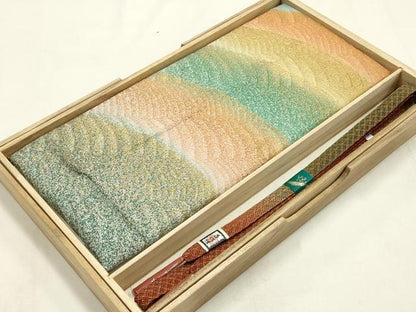 平和屋本店●和装小物　帯締め・帯揚げセット　平組　暈し　たたき染め　金糸　金彩　正絹　逸品　未使用　AABI8649ay