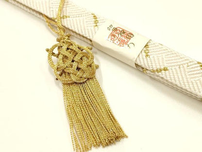 平和屋本店●和装小物　帯締め・帯揚げ・扇子セット　礼装用　地紙花文　金糸　長丈　亀房付き　正絹　逸品　未使用　AABI8676ay