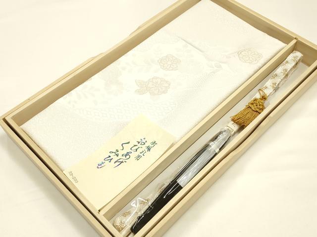 平和屋本店●和装小物　帯締め・帯揚げ・扇子セット　礼装用　唐組　辻が花　金糸　亀房付き　正絹　逸品　未使用　AABI8689ay