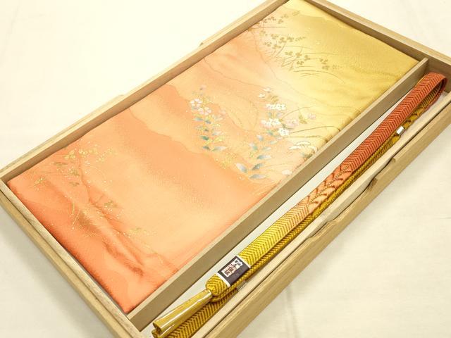 平和屋本店●和装小物　帯締め・帯揚げセット　笹浪組　草花文　金糸　金彩　暈し染め　正絹　逸品　未使用　AABI8695ay