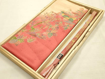 平和屋本店●和装小物　帯締め・帯揚げセット　高麗組 綾出し　草花文　金糸　金彩　暈し染め　正絹　逸品　未使用　AABI8696ay