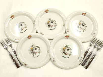平和屋本店▼ケーキプレート＆フォークセット　5組　APIDES　Chatty Bear　約16cm　未使用　AABI8734ay