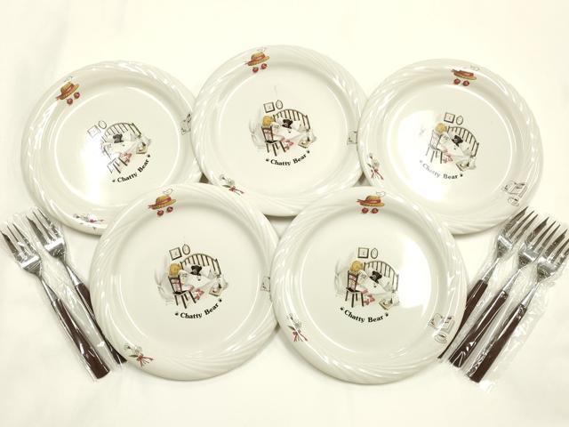 平和屋本店▼ケーキプレート＆フォークセット　5組　APIDES　Chatty Bear　約16cm　未使用　AABI8734ay