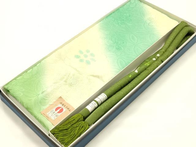 平和屋着物●和装小物　振袖用帯締め・帯揚げセット　丸ぐけ　刺繍　斜縞　花　金糸　暈し染め　丹後ちりめん　逸品　未使用　AABI8752ay