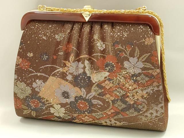 平和屋着物▼和装小物　和装バッグ　ハンドバッグ　クラッチバッグ　流水花蝶文　金糸　金彩　逸品　未使用　AABI8765ay