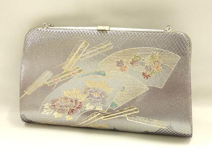 平和屋着物▼和装小物　和装バッグ　佐賀錦　ハンドバッグ　クラッチバッグ　花ぎおん　扇面花文　銀糸　金彩　逸品　AABI8769ay