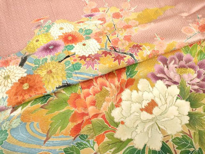 平和屋着物●豪華色留袖　流水花文　金彩　正絹　逸品　AABI8802ck