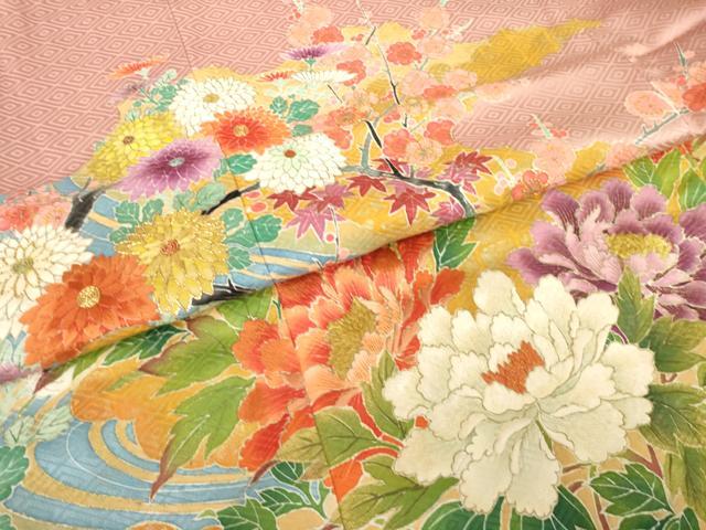 平和屋着物●豪華色留袖　流水花文　金彩　正絹　逸品　AABI8802ck