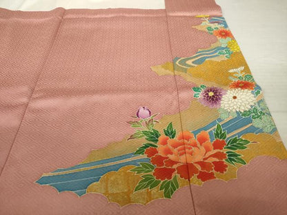 平和屋着物●豪華色留袖　流水花文　金彩　正絹　逸品　AABI8802ck