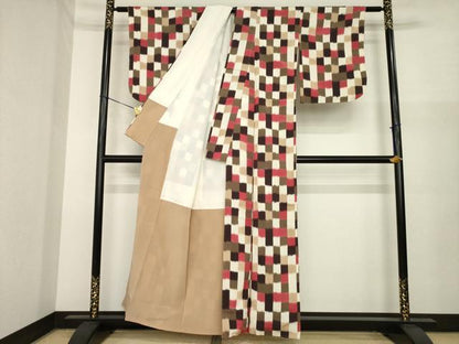 平和屋着物●お召　市松文　正絹　逸品　未使用　AABI8803ck