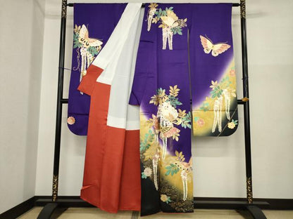 平和屋着物●豪華振袖　花蝶文　暈し染め　金彩　正絹　逸品　AABI8813ck