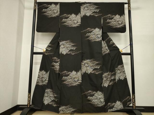 平和屋着物●本場大島紬　カタス9マルキ　総絣　地空き　遠山風景文　黒地　正絹　逸品　AABI8825ck