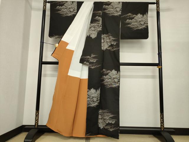 平和屋着物●本場大島紬　カタス9マルキ　総絣　地空き　遠山風景文　黒地　正絹　逸品　AABI8825ck