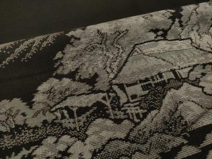 平和屋着物●本場大島紬　カタス9マルキ　総絣　地空き　遠山風景文　黒地　正絹　逸品　AABI8825ck
