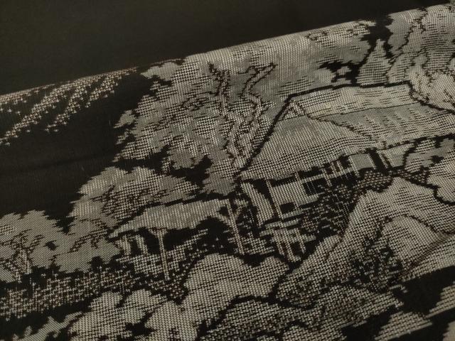 平和屋着物●本場大島紬　カタス9マルキ　総絣　地空き　遠山風景文　黒地　正絹　逸品　AABI8825ck