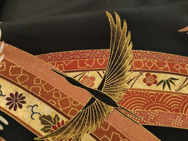 平和屋着物●豪華黒留袖　作家物　駒刺繍　飛鶴吉祥松文　丹後ちりめん　金彩　仮絵羽　正絹　逸品　未使用　AABI8844ck