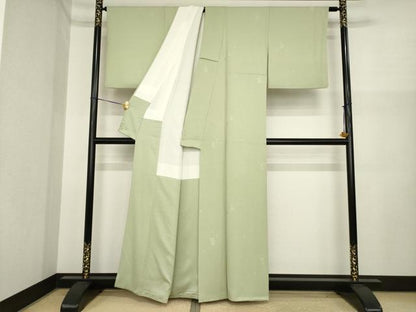 平和屋着物●上質な色無地　舞花地紋　黄海松茶色　正絹　逸品　AABI8849ck