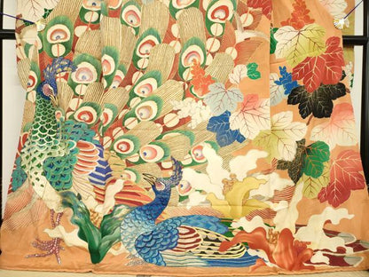 平和屋本店●アンティーク　大正ロマン　振袖　駒刺繍　孔雀文　金彩　ロング丈　正絹　逸品　AABI8855ck
