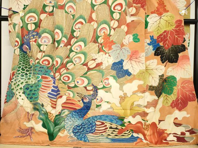 平和屋本店●アンティーク　大正ロマン　振袖　駒刺繍　孔雀文　金彩　ロング丈　正絹　逸品　AABI8855ck