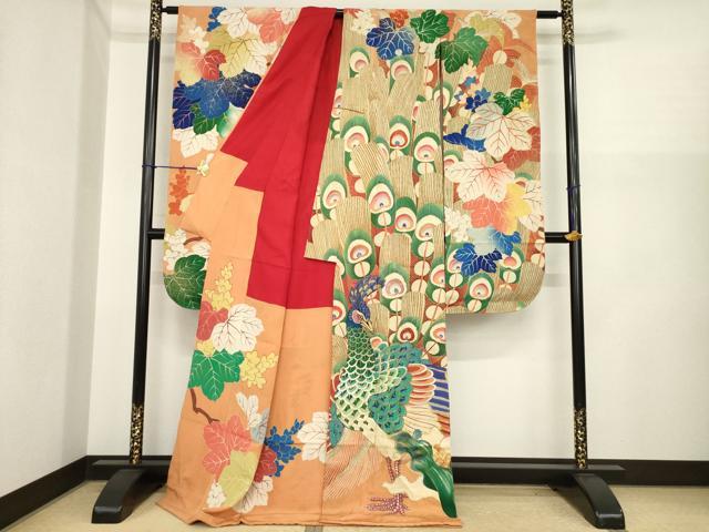 平和屋本店●アンティーク　大正ロマン　振袖　駒刺繍　孔雀文　金彩　ロング丈　正絹　逸品　AABI8855ck