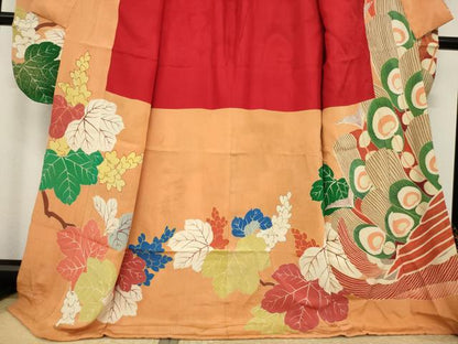 平和屋本店●アンティーク　大正ロマン　振袖　駒刺繍　孔雀文　金彩　ロング丈　正絹　逸品　AABI8855ck