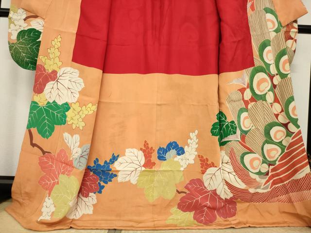 平和屋本店●アンティーク　大正ロマン　振袖　駒刺繍　孔雀文　金彩　ロング丈　正絹　逸品　AABI8855ck