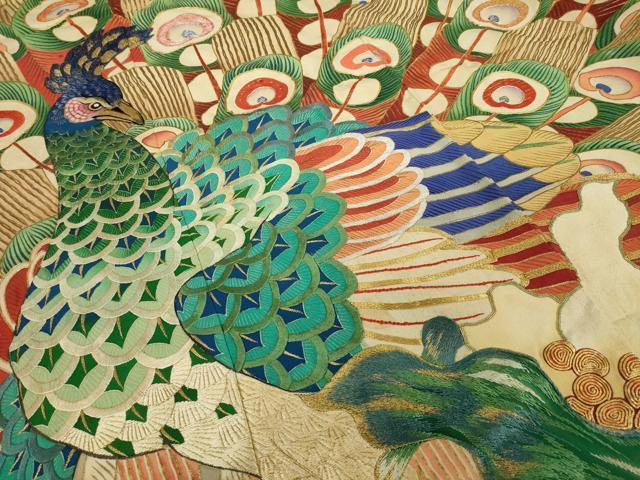 平和屋本店●アンティーク　大正ロマン　振袖　駒刺繍　孔雀文　金彩　ロング丈　正絹　逸品　AABI8855ck