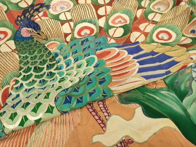 平和屋本店●アンティーク　大正ロマン　振袖　駒刺繍　孔雀文　金彩　ロング丈　正絹　逸品　AABI8855ck
