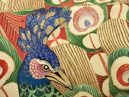 平和屋本店●アンティーク　大正ロマン　振袖　駒刺繍　孔雀文　金彩　ロング丈　正絹　逸品　AABI8855ck