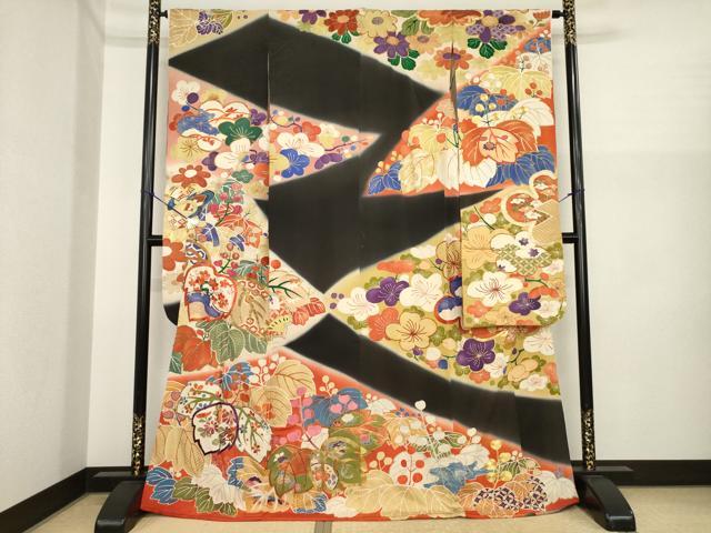 平和屋本店●アンティーク　大正ロマン　振袖　駒刺繍　桐　暈し染め　金彩　正絹　逸品　AABI8856ck