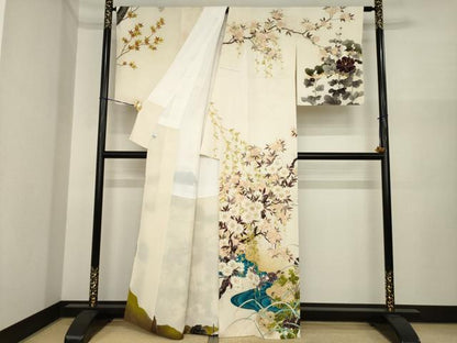 平和屋着物●希少　工芸染匠　成謙　訪問着　刺繍　桜に松四季草花　金彩　正絹　逸品　AABI8860ck
