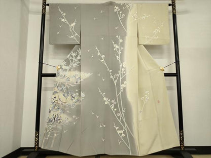 平和屋着物●本加賀友禅作家　岡崎重雄　訪問着　枝に休み鳥　暈し染め　正絹　逸品　AABI8861ck