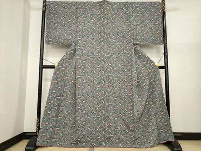 平和屋着物●本場琉球紅型　小紋　舞扇花文　正絹　逸品　未使用　AABI8862ck