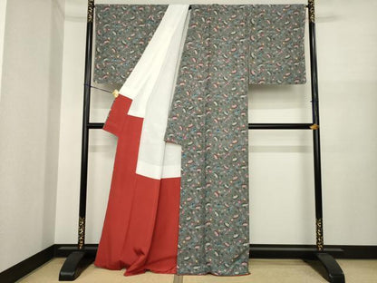 平和屋着物●本場琉球紅型　小紋　舞扇花文　正絹　逸品　未使用　AABI8862ck