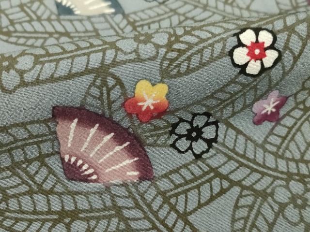平和屋着物●本場琉球紅型　小紋　舞扇花文　正絹　逸品　未使用　AABI8862ck