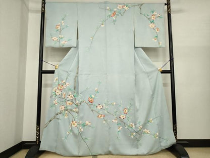 平和屋着物●染刺工芸　大羊居　東京友禅　訪問着　刺繍　枝花文　金糸　正絹　逸品　AABI8867ck
