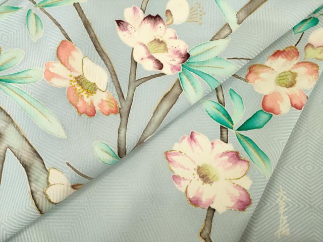 平和屋着物●染刺工芸　大羊居　東京友禅　訪問着　刺繍　枝花文　金糸　正絹　逸品　AABI8867ck