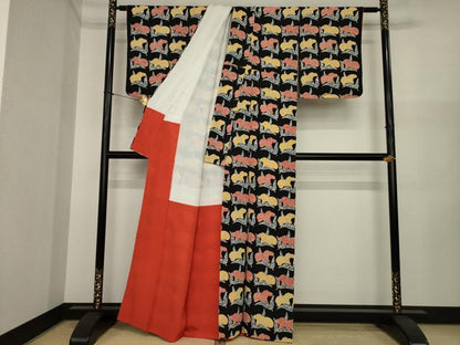 平和屋着物●上質な小紋　型染め　花尽くし　黒地　正絹　逸品　AABI8872ck