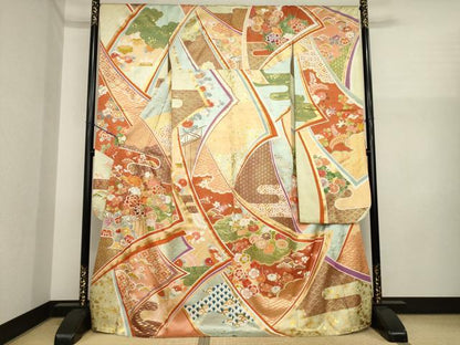 平和屋着物●豪華振袖　駒刺繍　吉祥花文　金彩　正絹　逸品　AABI8880ck