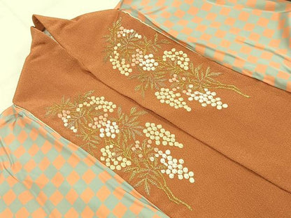 平和屋着物●長襦袢　無双仕立て　市松文様　半衿刺繍　正絹　逸品　AABI8882fy