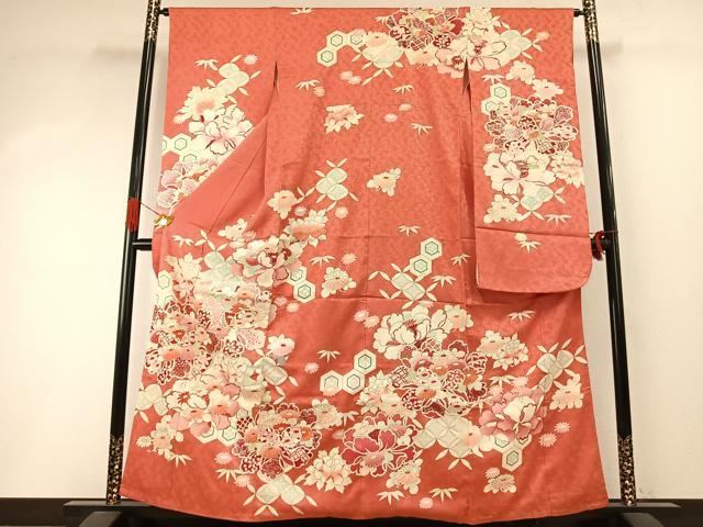 平和屋着物●セミアンティーク　振袖　駒刺繍　草花文　金銀彩　三越扱い　正絹　逸品　AABI8884fy